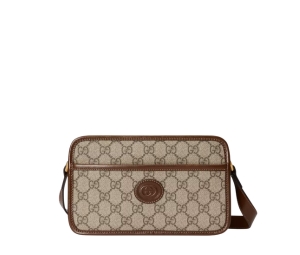 Gucci Mini Bag Interlocking G In GG Supreme Canvas With Leather Trim Beige And Ebony