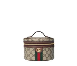 Gucci Ophidia Cosmetic Case In GG Supreme Canvas And Brown Leather Trim With Gold-Toned Hardware Beige Ebony