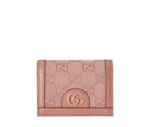 Gucci Ophidia GG Card Case Wallet In Pink GG Canvas With Rose Gold Hardware