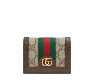 Gucci Ophidia GG Card Case Wallet In Supreme Canvas And Brown Leather Trim With Gold-Toned Hardware Beige Ebony