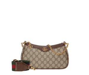 Gucci Ophidia Small Handbag In Beige And Ebony GG Supreme Canvas With Brown Leather Trim