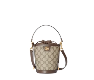 Gucci Ophidia Mini Bucket Bag In Beige And Ebony GG Supreme-Brown Leatehr Trim With Gold-Toned Hardware