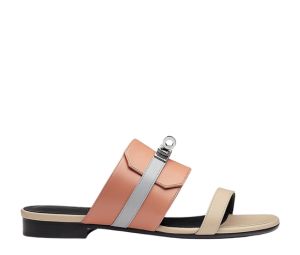 Hermes Avenue Sandal In Calfskin With Iconic Palladium Plated Kelly Buckle Multicolore Rose Aube (W)