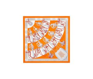 Hermes Cliquetis Scarf 90 In Silk Twill With Hand-Rolled Edges Orange-Gris-Blanc