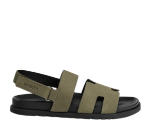 Hermes Genius Sandal In Suede Goatskin With Anatomical Rubber Sole And Adjustable Strap Vert Toundra