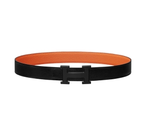 Hermes H Belt Buckle & Reversible Leather Strap 32 MM In Box 135-Togo Calfskin With Noir Matte PVD Plated Metal Noir-Orange