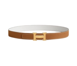 Hermes H Belt Buckle And Reversible Leather Strap 32 MM In Brushed Gold-Plated Metal Gold-Blanc