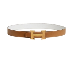 Hermes H Guillochee Belt Buckle & Reversible Leather Strap 32 MM In Togo Calfskin With Guilloched Gold Plated Metal Gold-Blanc