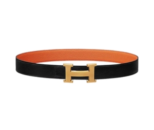 Hermes H Guillochee Belt Buckle & Reversible Leather Strap 32 MM In Togo Calfskin With Guilloched Gold Plated Metal Noir-Orange
