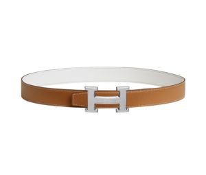 Hermes H Guillochee Belt Buckle & Reversible Leather Strap 32 MM In Togo Calfskin With Guilloched Palladium Plated Metal Gold-Blanc