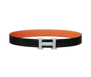 Hermes H Guillochee Belt Buckle & Reversible Leather Strap 32 MM In Togo Calfskin With Guilloched Palladium Plated Metal Noir-Orange