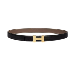 Hermes Mini Constance Belt Buckle & Reversible Leather Strap 24 MM In Swift And Epsom Calfskin With Gold Plated Metal Noir-Étoupe