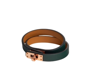 Hermes Mini Kelly Double Tour Bracelet In Swift Calfskin With Rose Gold-Plated Mini Kelly Closure Vert Cyprès