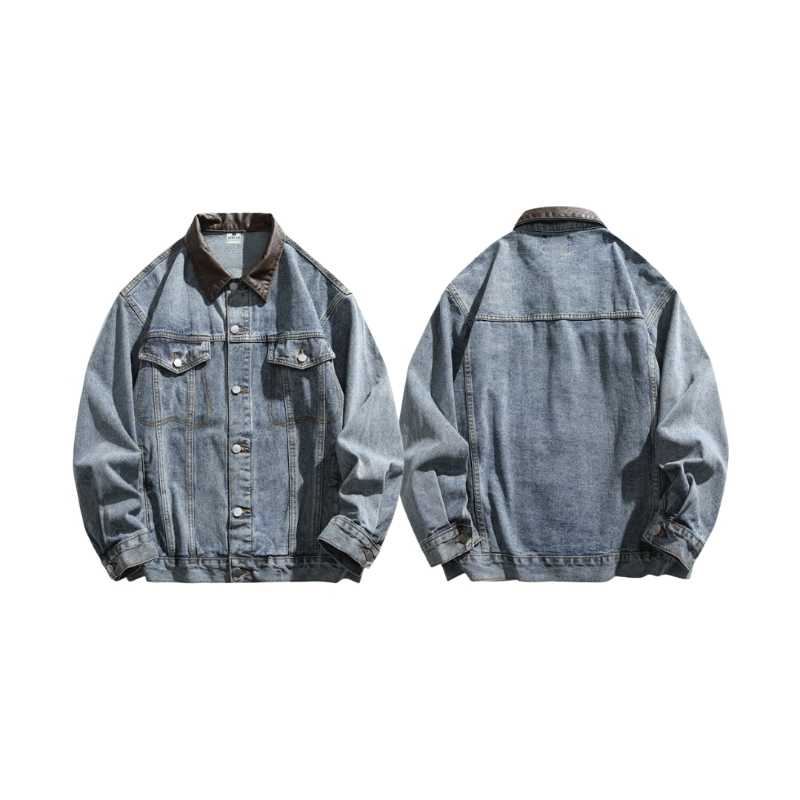 Jeera 168 Jeera168 |Blue Brown Stand Collar Denim Jacket (พรีออเดอร์) - view 3