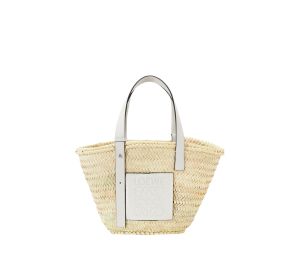 Loewe Medium Basket Bag In Raffia And Calfskin Natural White