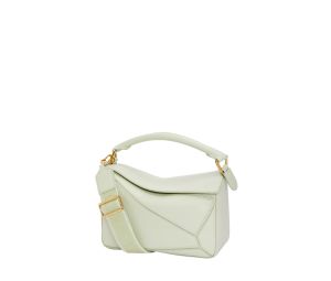 Buy Loewe Small Puzzle Bag In Satin Calfskin With Gold Metallic Spring Jade at Sasom – Authentic and Ready to Ship