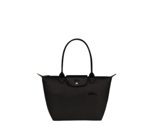 Longchamp Le Pliage Green M Tote Bag In Recycled Polyamide Canvas With Silver Color Metallic Hardware Black