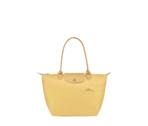 Longchamp Le Pliage Green M Tote Bag In Recycled Polyamide Canvas With Silver Color Metallic Hardware Wheat