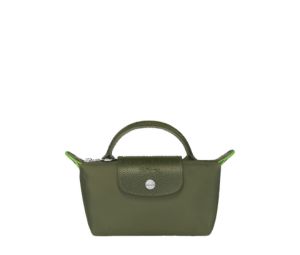 Longchamp Le Pliage Green Pouch With Handle In Recycled Canvas With Silver Hardware Forest