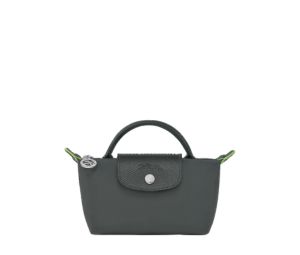 Longchamp Le Pliage Green Pouch With Handle In Recycled Canvas With Silver Hardware Graphite