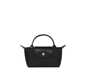 Longchamp Le Pliage Green Pouch With Handle In Recycled Canvas With Silver Hardware Black
