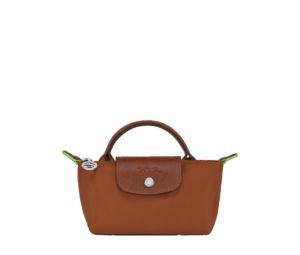 Longchamp Le Pliage Green Pouch With Handle In Recycled Canvas With Silver Hardware Cognac