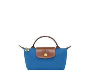 Longchamp Le Pliage Original Pouch With Handle In Recycled Canvas With Gold Hardware Cobalt