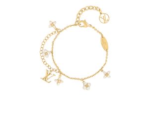 Louis Vuitton Floragram Bracelet In Metal With Gold-Color Finish And White Resin Beads Monogram Flowers