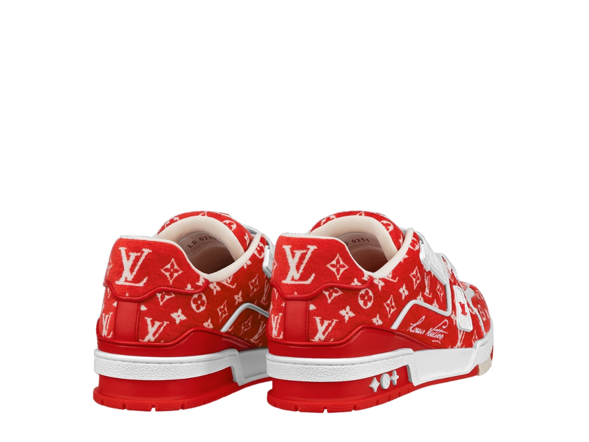 Louis Vuitton LV Trainer Sneaker In Red Monogram Textile Rubber Outsole Louis Vuitton LV Trainer Sneaker In Red Monogram Textile Rubber Outsole