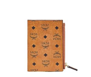 MCM Bifold Visetos Leather Zip Card Wallet Cognac