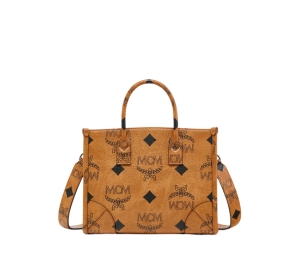 MCM München Tote In Visetos and Nappa Leather-Trim With 24K Gold-Plated Metal Hardware Cognac