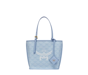 MCM Mini Himmel Shopper In Lauretos With Natural Nappa Leather Ancient Blue