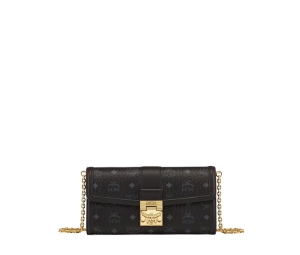 MCM Tracy Chain Wallet Large In Black Visetos Monogram Canvas With 24k Gold-plated Metal Hardware