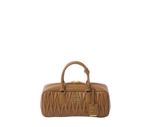 Miu Miu Arcadie Matelassé Nappa Leather Bag With Metal Lettering Logo And Gold-Tone Hardware Caramel