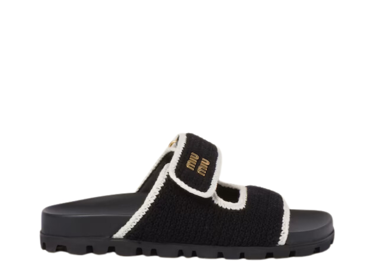 Miu Miu|SLIPPERS (5XX641 2CQ2 F057Z) Miu Miu Crochet Knit Slides In Upper With Metal Lettering