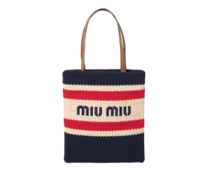 Miu Miu Crochet Tote Bag In Beige-Blue Crochet-Leather With Gold-Tone Hardware