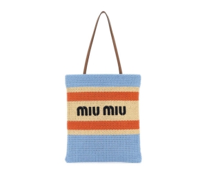 Miu Miu Crochet Tote Bag In Tan-Light Blue Crochet-Leather With Gold-Tone Hardware