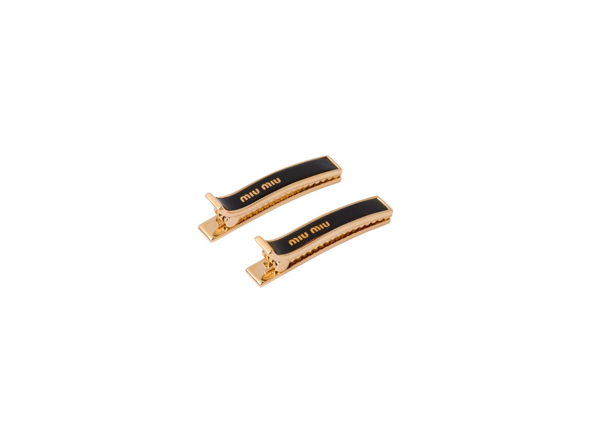 Miu Miu Enameled Metal Hair Clips With Metal Lettering Logo Black