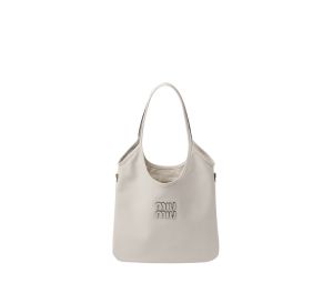 Miu Miu Ivy Leather Bag With Leather Lettering Logo And Gold-Tone Hardware Chalk White