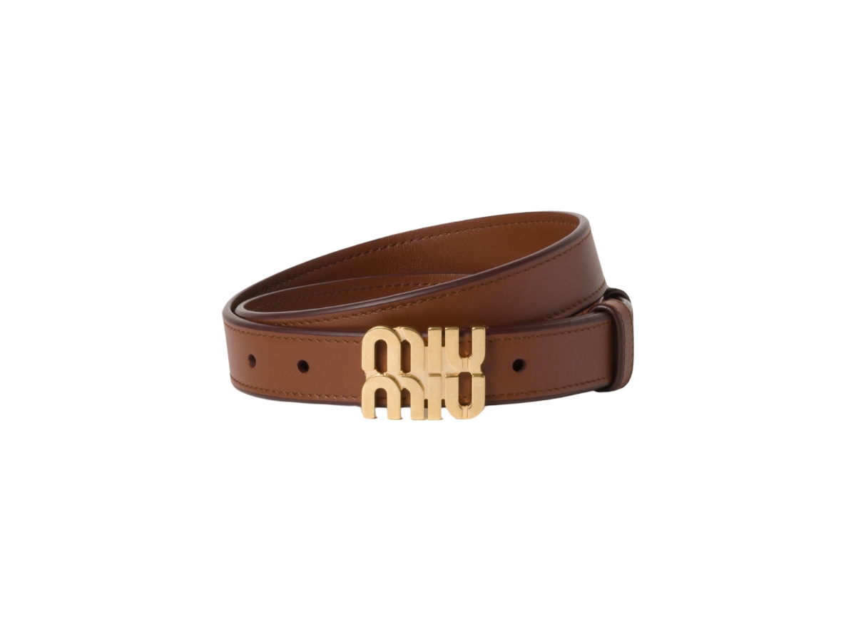 Miu Miu Leather Belt With Buckle Metal Logo Tobacco