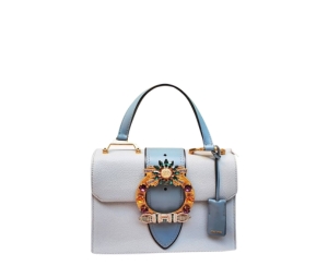 Miu Miu Madras Handbag In Leather With Crystal and Gold-Tone Hardware Blue