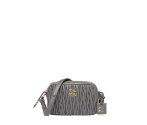 Miu Miu Matelassé Nappa Leather Shoulder Bag In Leather With Metal Lettering Logo-Gold-Tone Hardware Marble Gray