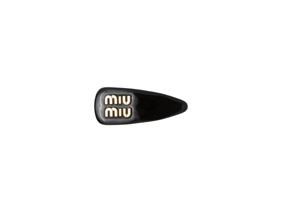 Miu Miu Patent Leather Hair Clip With Metal Lettering Logo Black