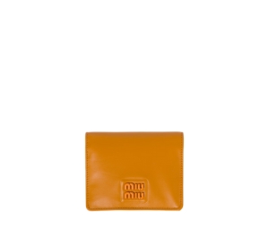 Buy Miu Miu Small Leather Wallet In Leather With Varnished Metal Lettering Logo Pomegranate Yellow at Sasom – Authentic and Ready to Ship