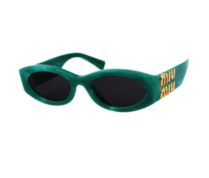 Miu Miu SMU-11W-15H-5S0-54 Sunglasses In Emerald Acetate Frame Gold Lettering With Yellow Lenses