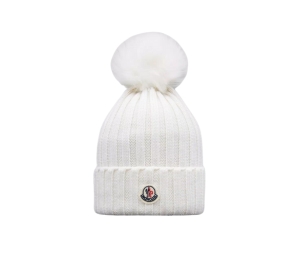 Moncler Wool Beanie with Pom Pom White