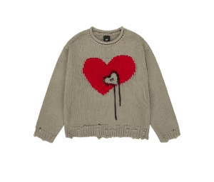 OY Heart Stitch Destroyed Knit Khaki
