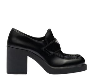 Prada Chocolate High-Heeled Brushed Leather Loafers Black