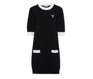 Prada Cotton Mini-Dress In Plain Knit With Intarsia Logo Black White