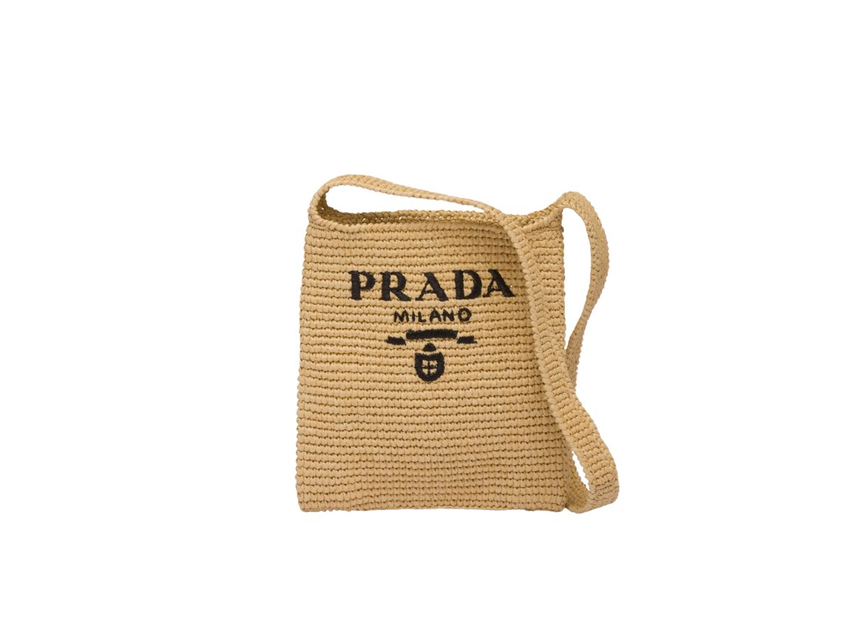 PRADA Yarn Raffia Effect Crochet Embroidered Small Logo Tote Naturale  1261975